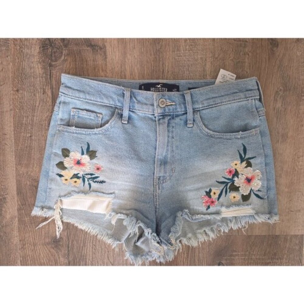 Hollister High Rise Short Short Embroidered Floral Cutoff Denim Jean Shorts 5 28